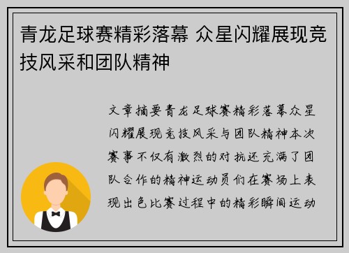 青龙足球赛精彩落幕 众星闪耀展现竞技风采和团队精神