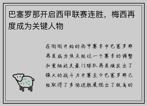 巴塞罗那开启西甲联赛连胜，梅西再度成为关键人物
