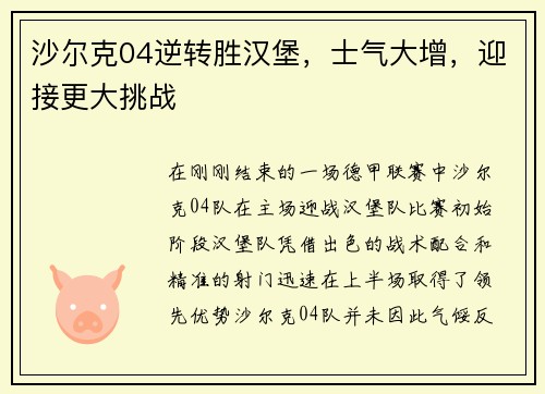 沙尔克04逆转胜汉堡，士气大增，迎接更大挑战