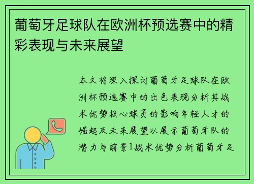 葡萄牙足球队在欧洲杯预选赛中的精彩表现与未来展望