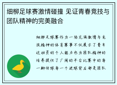 细柳足球赛激情碰撞 见证青春竞技与团队精神的完美融合