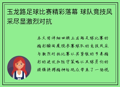玉龙路足球比赛精彩落幕 球队竞技风采尽显激烈对抗