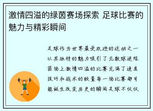激情四溢的绿茵赛场探索 足球比赛的魅力与精彩瞬间