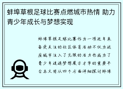 蚌埠草根足球比赛点燃城市热情 助力青少年成长与梦想实现