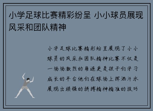 小学足球比赛精彩纷呈 小小球员展现风采和团队精神