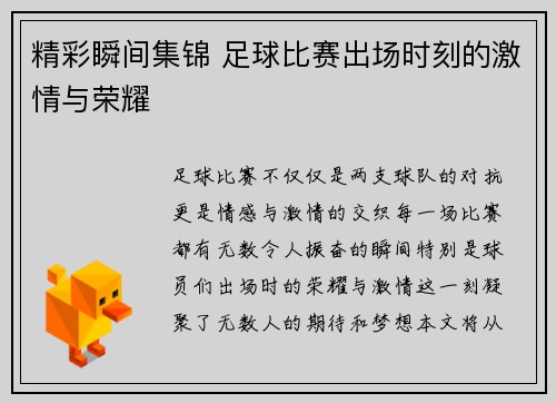 精彩瞬间集锦 足球比赛出场时刻的激情与荣耀