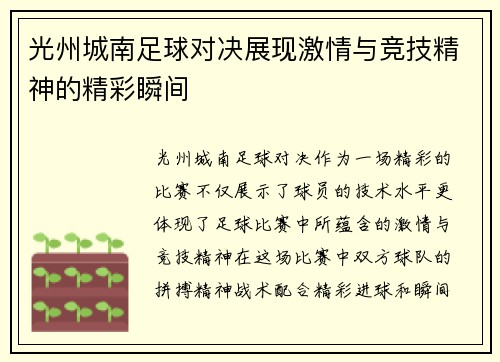 光州城南足球对决展现激情与竞技精神的精彩瞬间