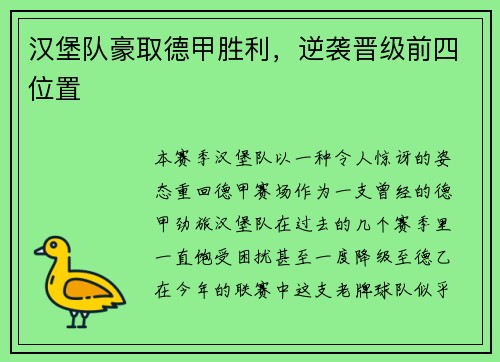 汉堡队豪取德甲胜利，逆袭晋级前四位置