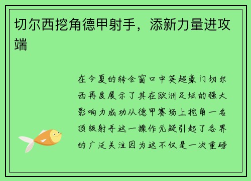 切尔西挖角德甲射手，添新力量进攻端