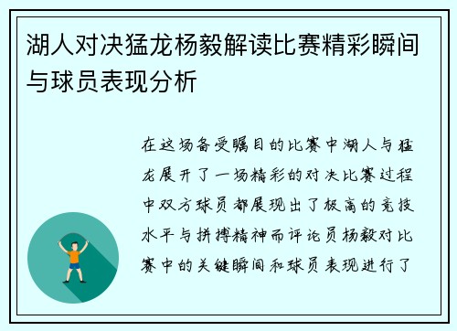 湖人对决猛龙杨毅解读比赛精彩瞬间与球员表现分析