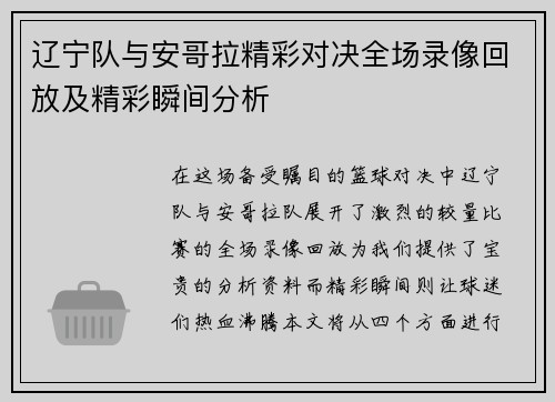 辽宁队与安哥拉精彩对决全场录像回放及精彩瞬间分析