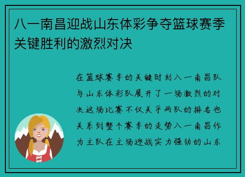 八一南昌迎战山东体彩争夺篮球赛季关键胜利的激烈对决