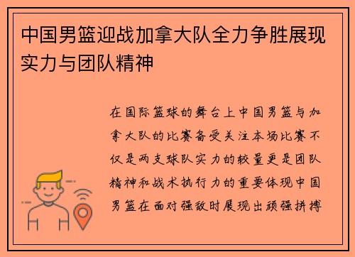 中国男篮迎战加拿大队全力争胜展现实力与团队精神