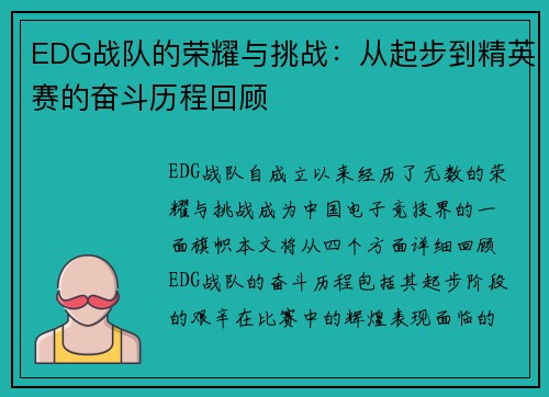 EDG战队的荣耀与挑战：从起步到精英赛的奋斗历程回顾