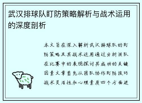 武汉排球队盯防策略解析与战术运用的深度剖析