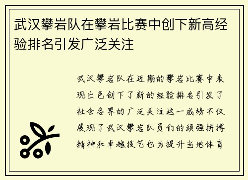 武汉攀岩队在攀岩比赛中创下新高经验排名引发广泛关注